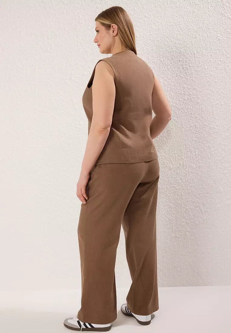 Brown Wide Leg Linen Look Front Rope Bottom Top Set TBBSS25CP00026