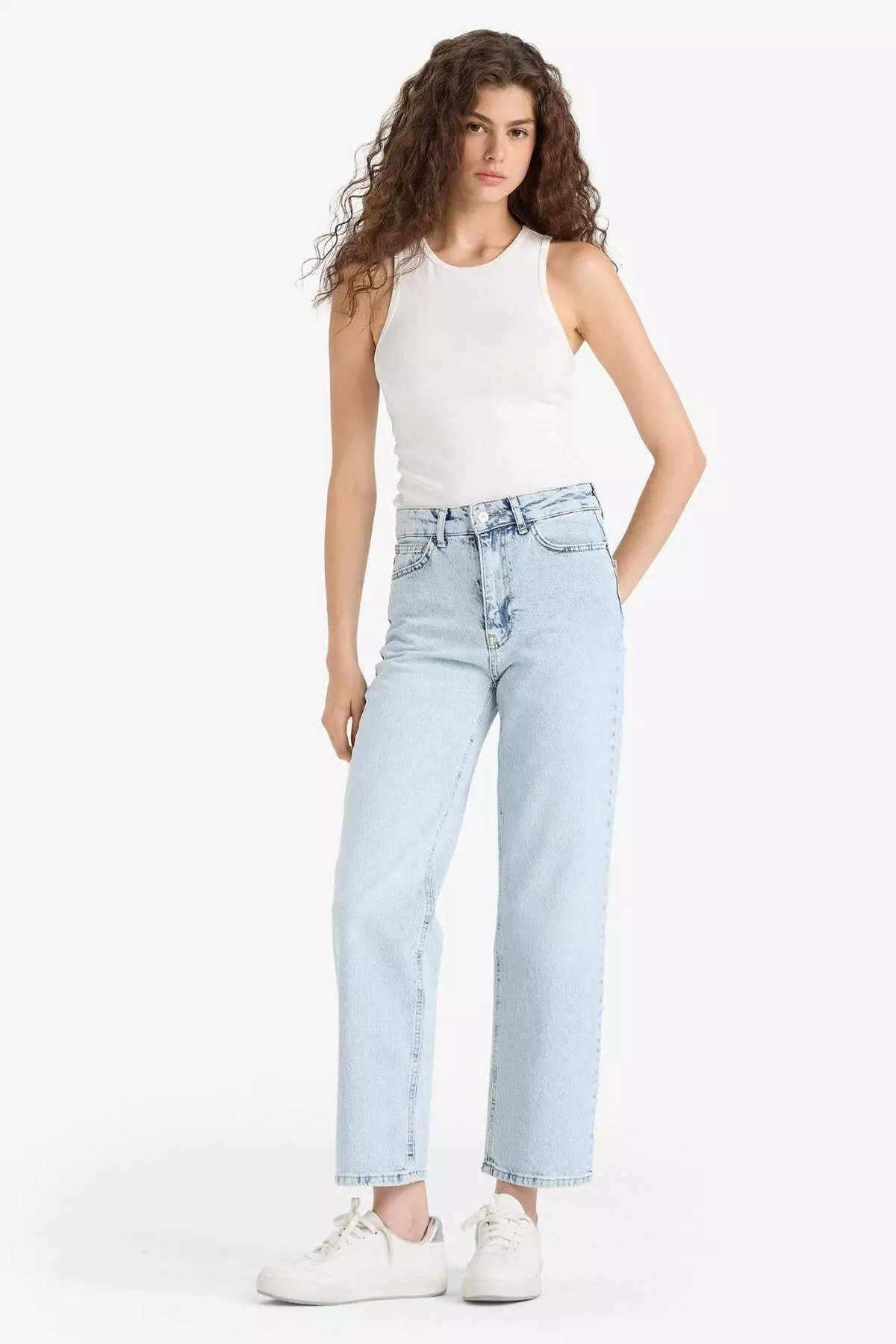 Comfort Straight High Waist Ankle Length Jean Washed Trousers D8155Ax25Sm