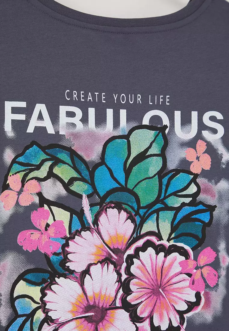 Anthracite Oversize Fit 100% Cotton Front And Back Printed Knitted Plus Size T-Shirt Tbbss25Bf00002