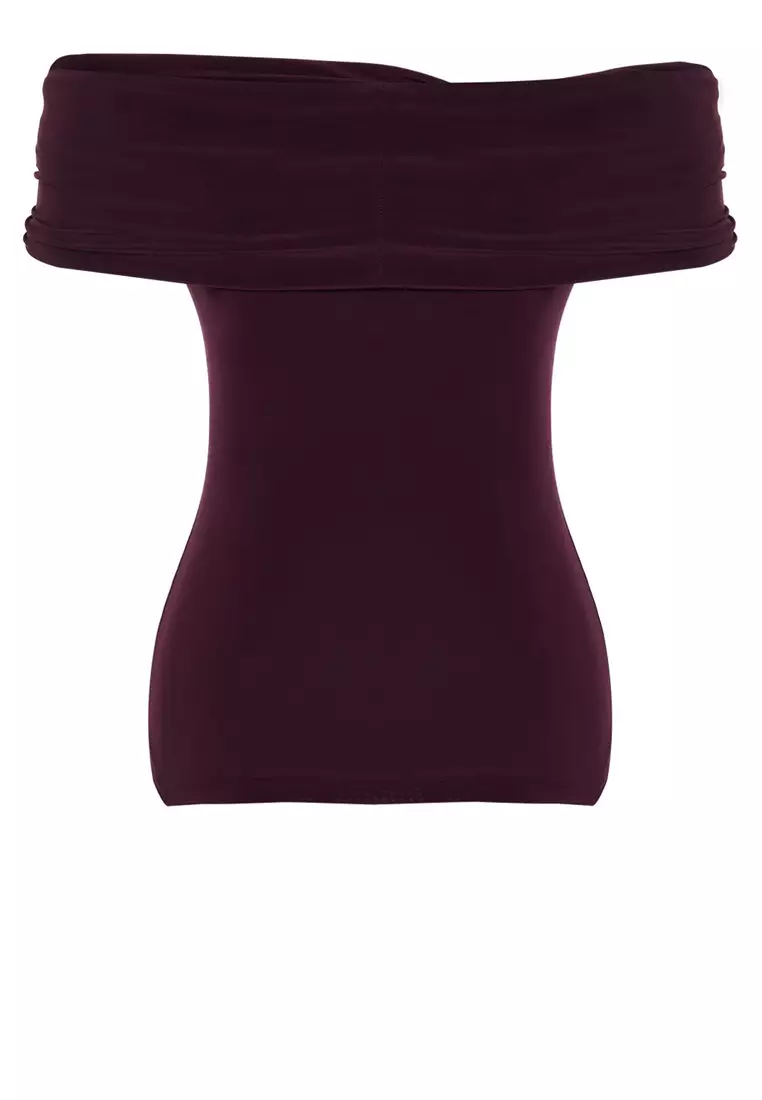 Plum Carmen Collar Fitted Flexible Crop Knitted Madonna Collar Blouse TWOSS24BZ00368