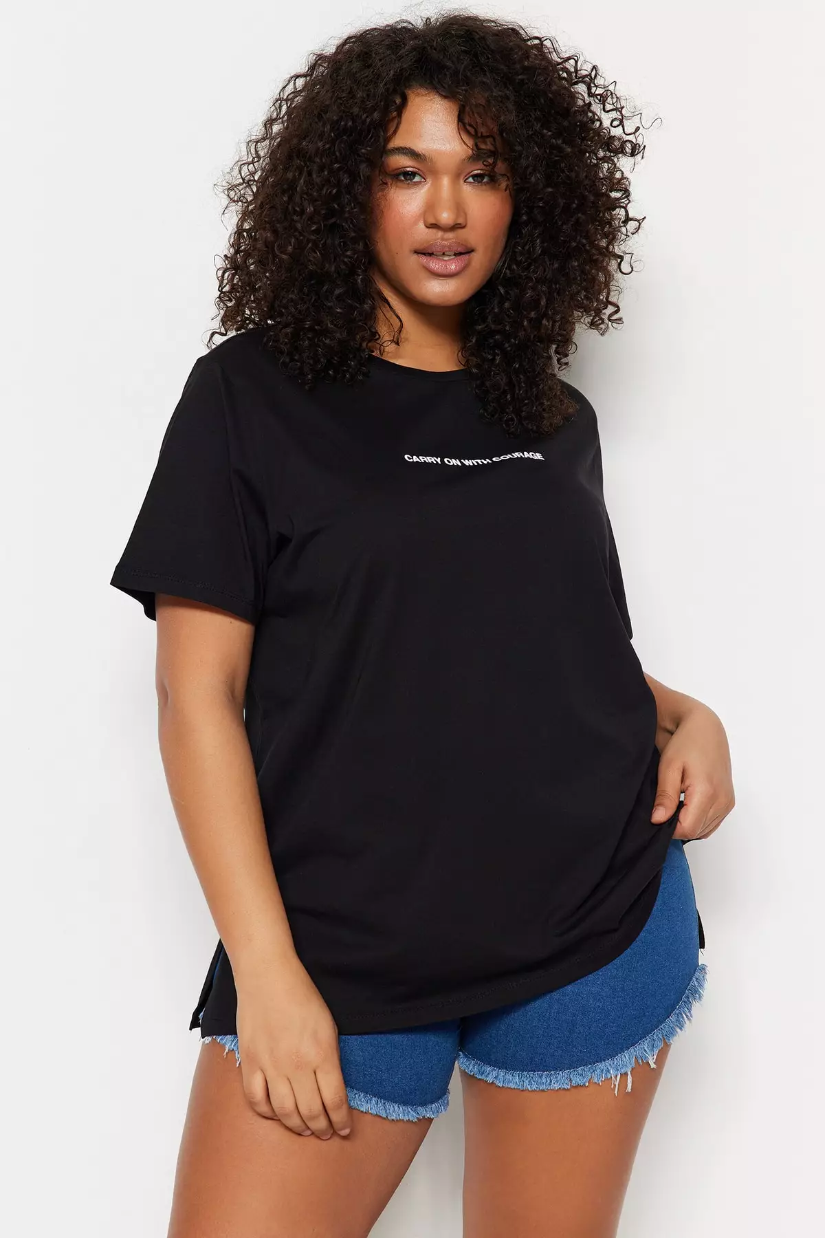 Buy Trendyol Plus Size Black Crew Neck Printed Knitted T-shirt 2024 ...