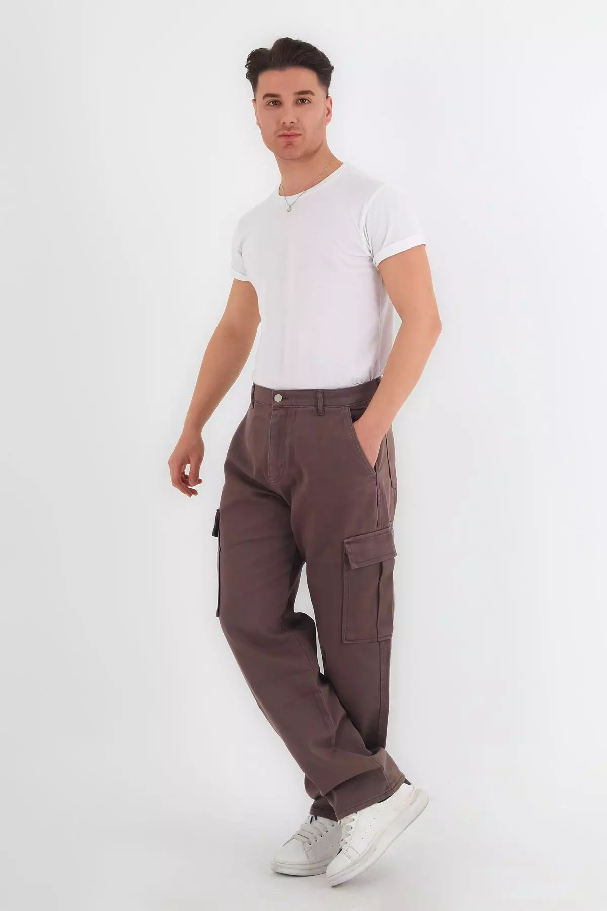 Mink Cargo Pocket Gabardine Baggy/Loose Cut 100% Cotton Casual Trousers TMNSS24PL00021