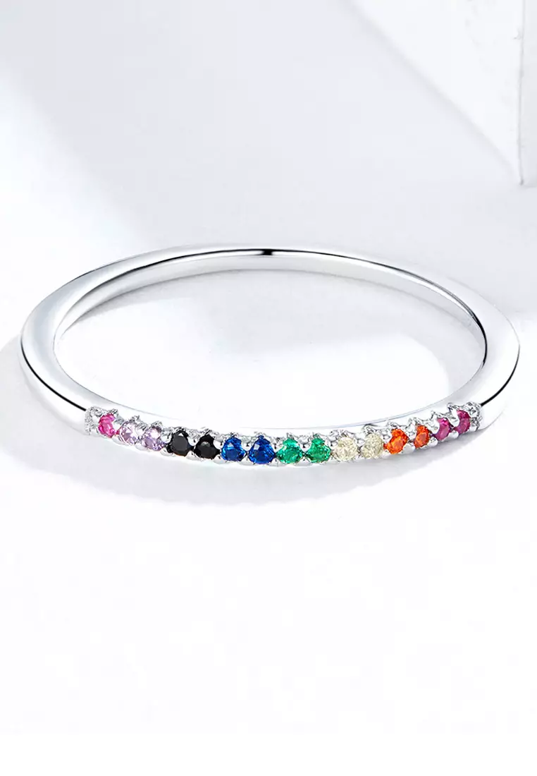 Solid 925 Sterling Silver Rainbow Colourful Casual Ring