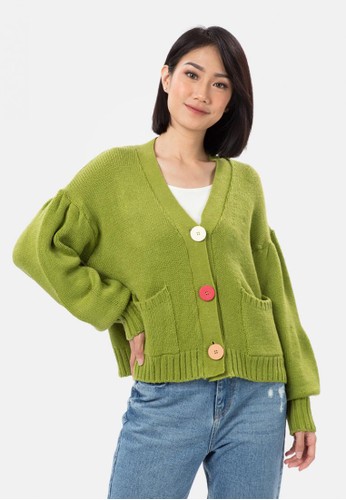 MKY CLOTHING green Colourfull Big Button Knit Cardigan in Green 005AFAA05C258BGS_1