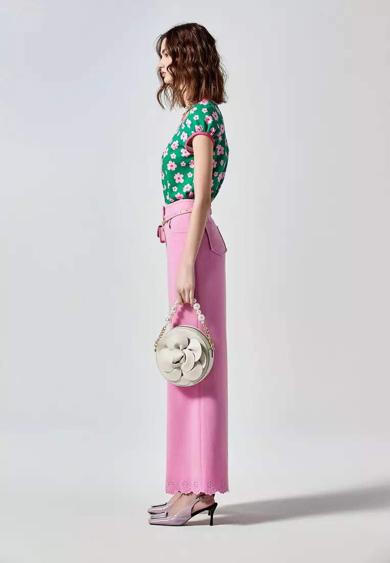 Pink Wide Leg Pants With Floral Embroidery Detail