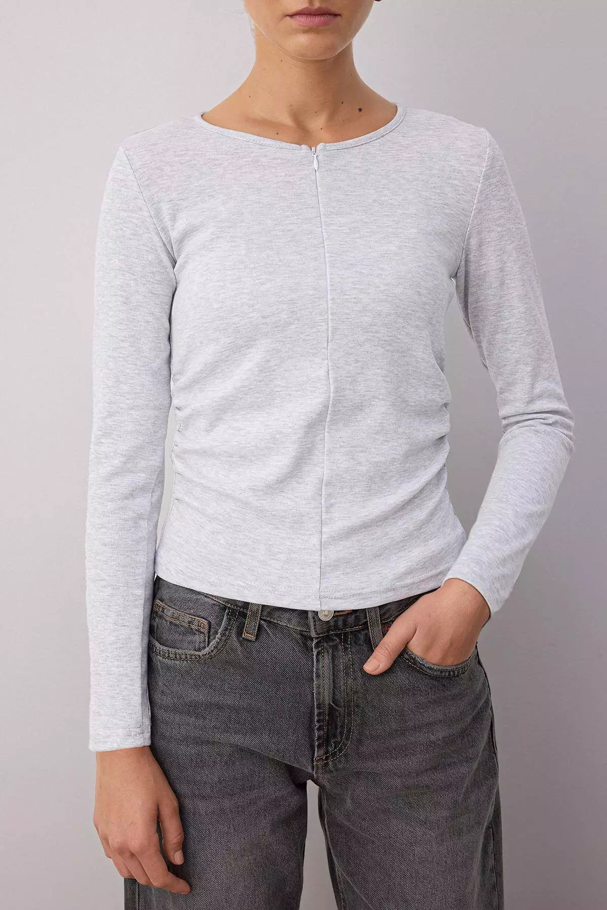 Gray Melange Fitted/Body-Smoothing Half Zippered Double Layered Knitted Blouse Twoaw26Bz00031