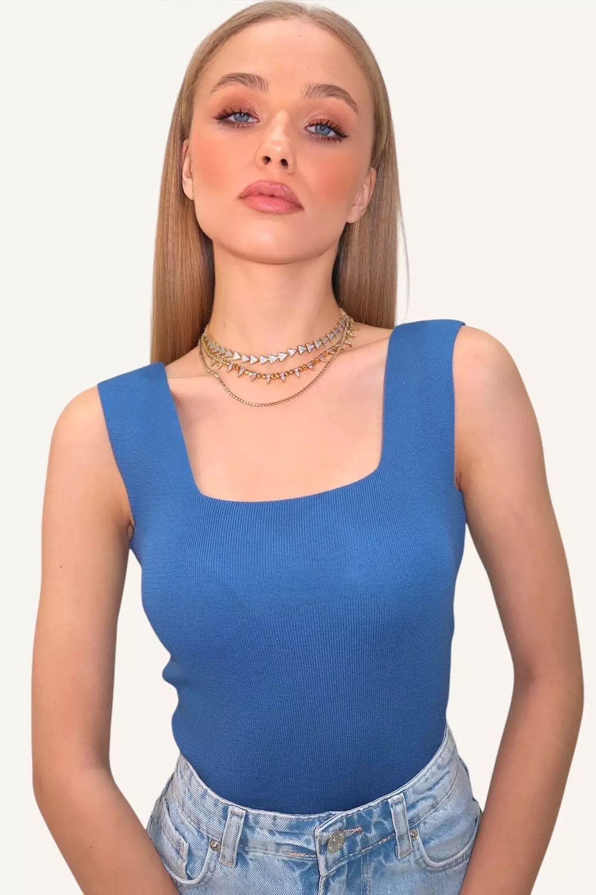 Women's Aviator Blue Square Neck Slim Mercerized Blouse