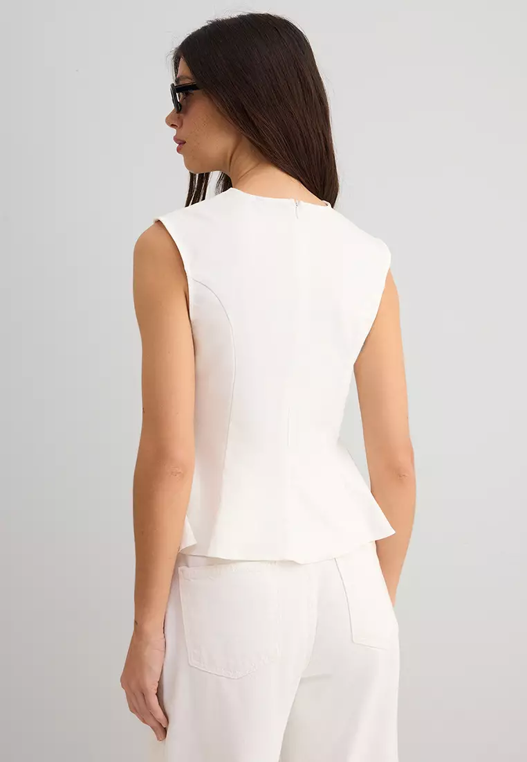 Ecru White Cotton Gabardine Peplum Fitted Pocket Detailed Woven Blouse TWOSS25BZ00538