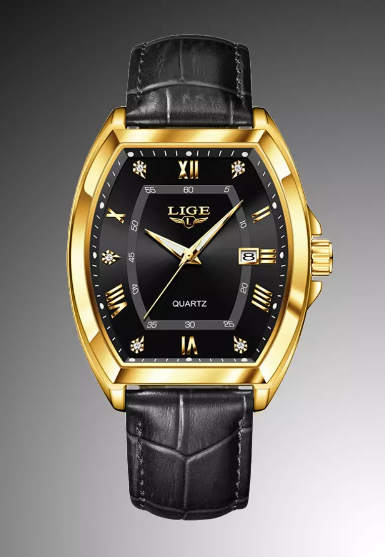 Elegant Barrel Shape Unisex IP Gold Color & Stainless Steel Quartz Watch, 40mm, Leather Strap