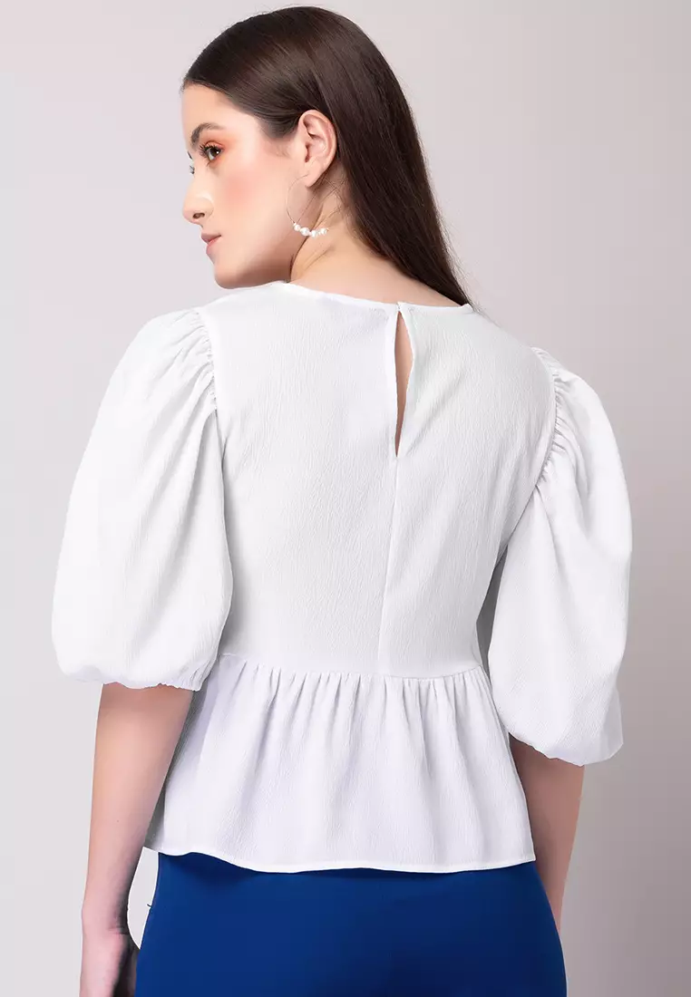 White Textured Puff Sleeve Peplum Top