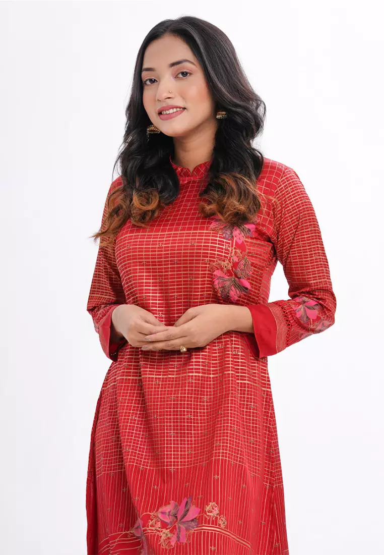 Le Reve Contemporary High Neck Foil Printed & hand Work Tunic
