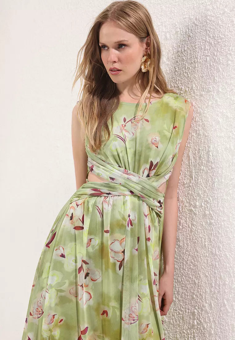 Green A-Line Cut Out/Window Detailed Lined Tulle Midi Evening Prom Dress TPRSS24EL00022