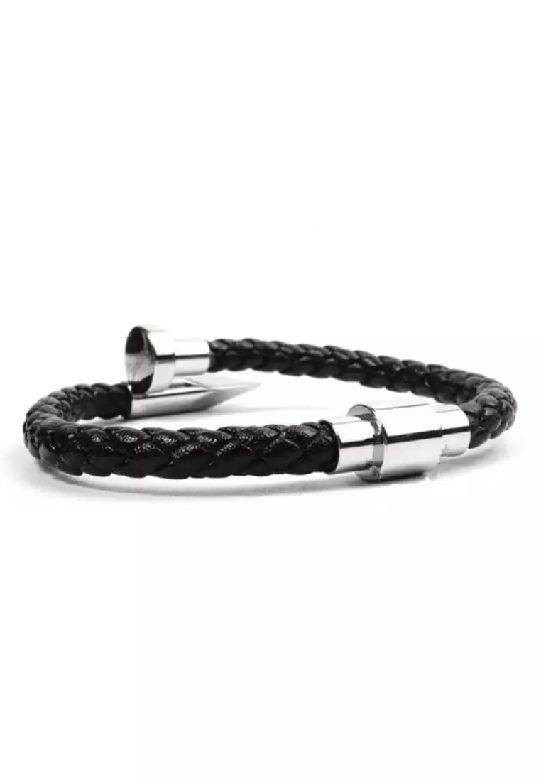 Accessories Pria Stainless Nail Design Center Leather Bracelet Gelang Pria Black & Silver 