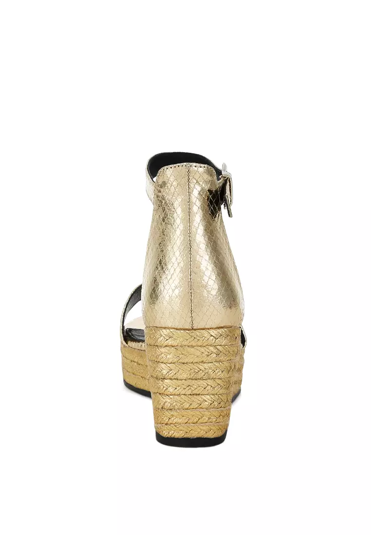 Gold Faux Leather Snake Wedge Espadrilles