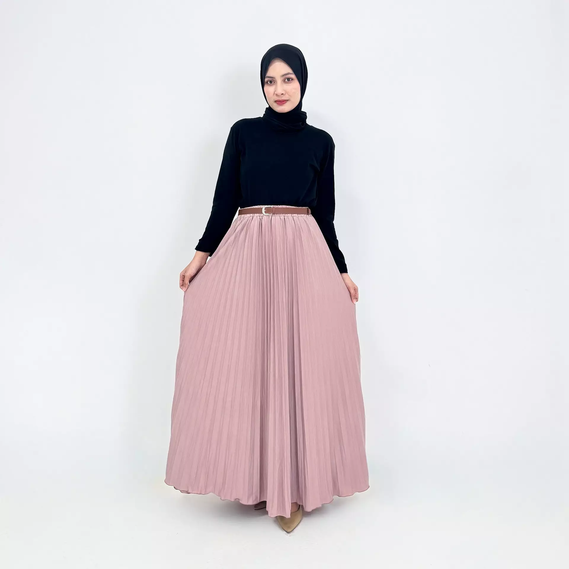 Basic Pleats Skirt Agni [COKLAT] Premium FREE BELT