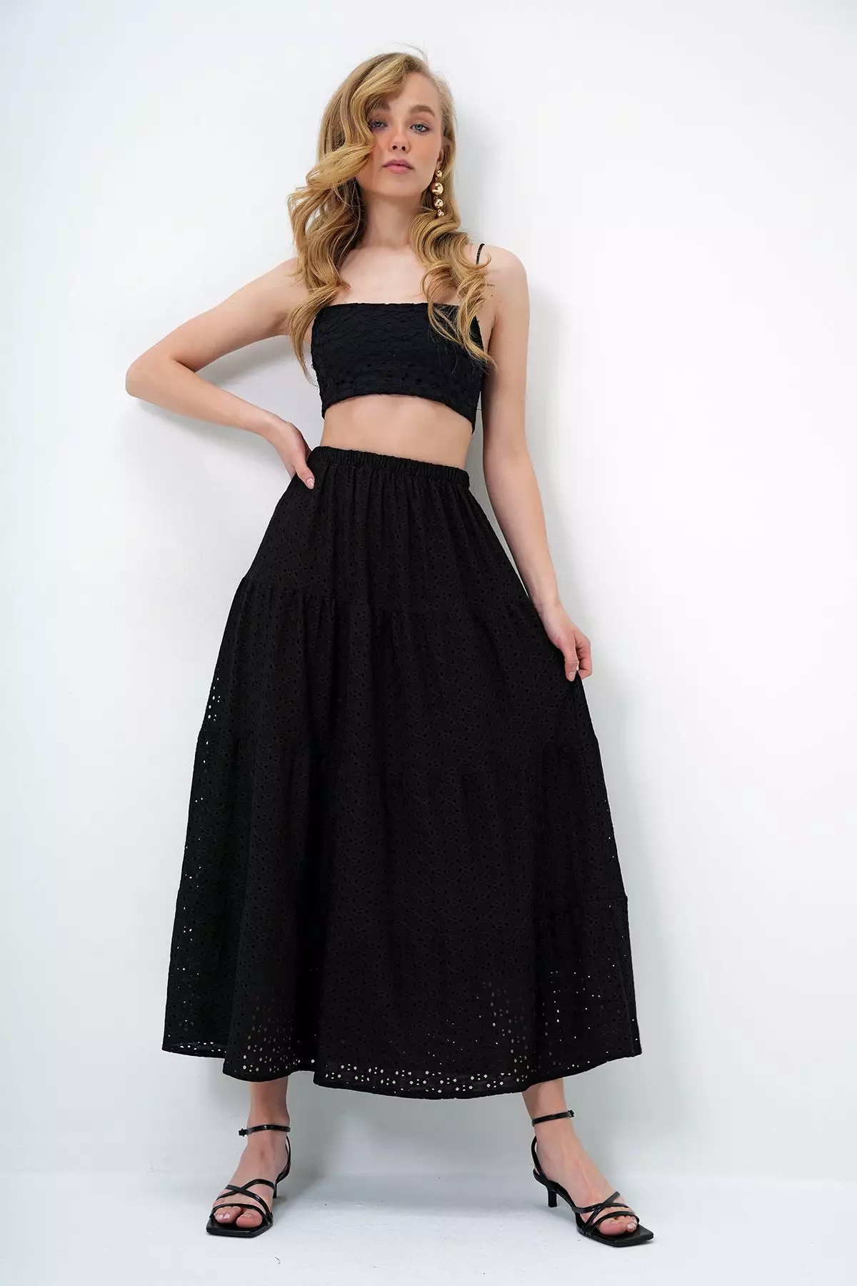 Women's Black Katkat Flounce Guipure Premium Skirt Alc-X14141