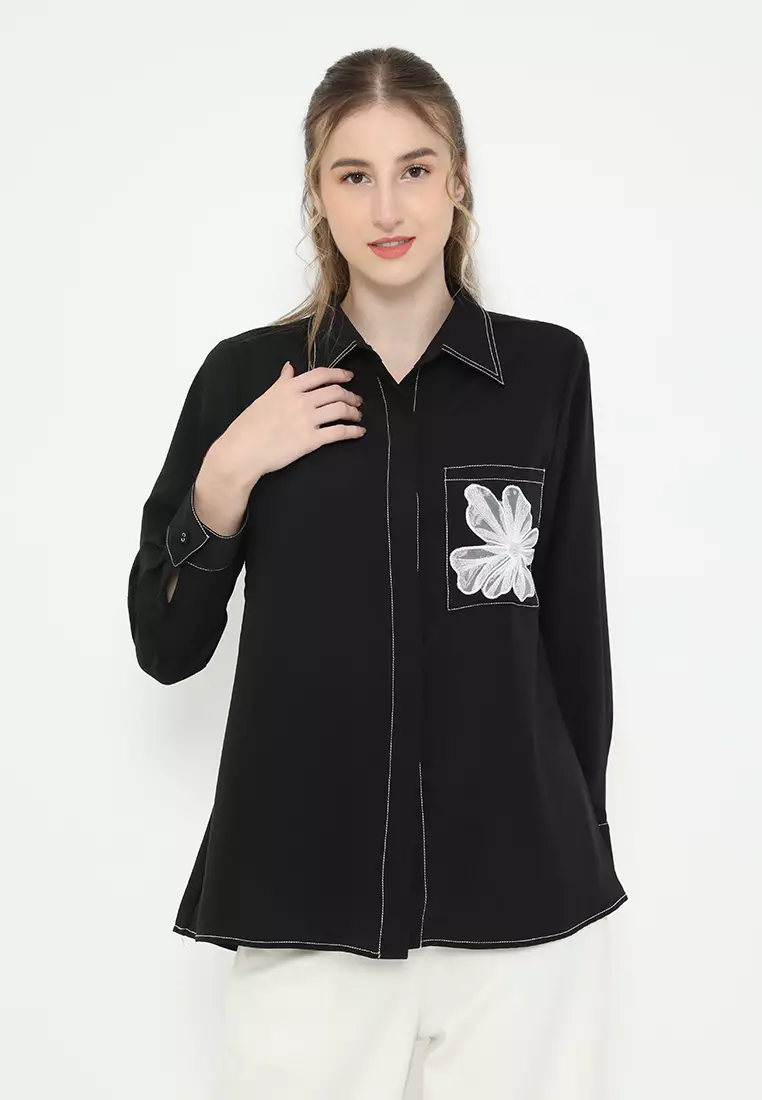 Plain Shirt Black With Flowers In Pocket By Brilliant Girl Warna HITAM
