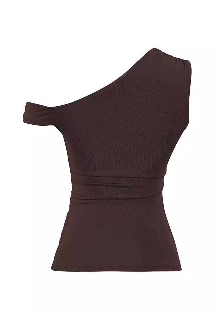 Brown Asymmetric Collar With Gather/Drape Detail Fitted Knitted Blouse Twoss25Bz00279