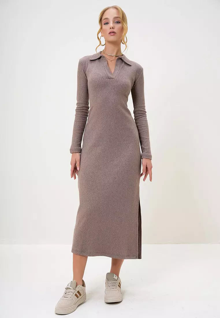 Women's Mink Polo Collar Half Placket Side Slit Interlock Fabric Dress