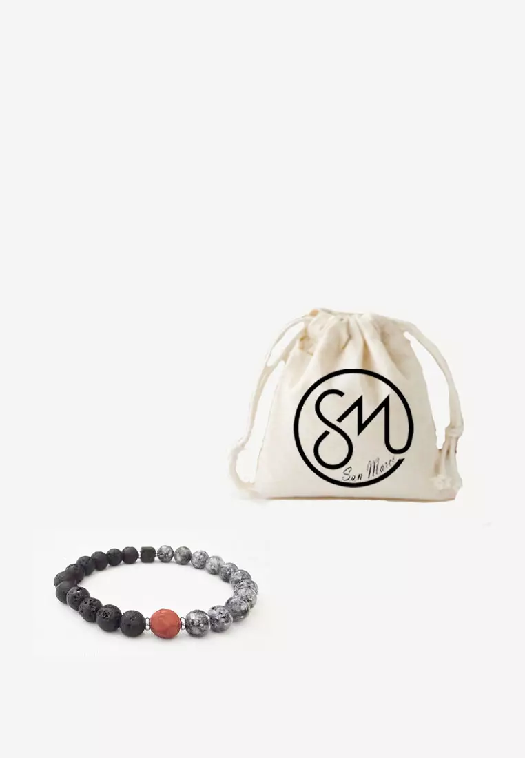 Aksesoris Gelang Pria Lava & Red Agate Center Bracelet Black & Rusty Red
