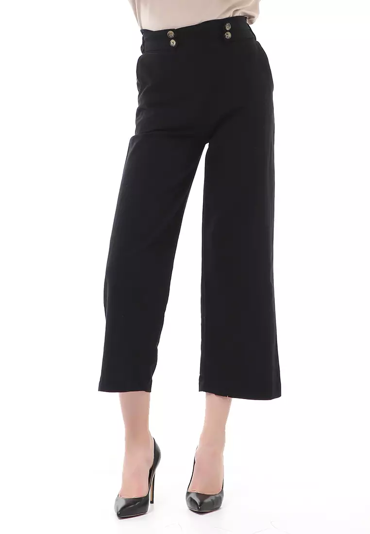 Stella Casual Long Pants Wanita Celana Kulot Highwaist Double Botton Material Linen ORIGINAL - Black