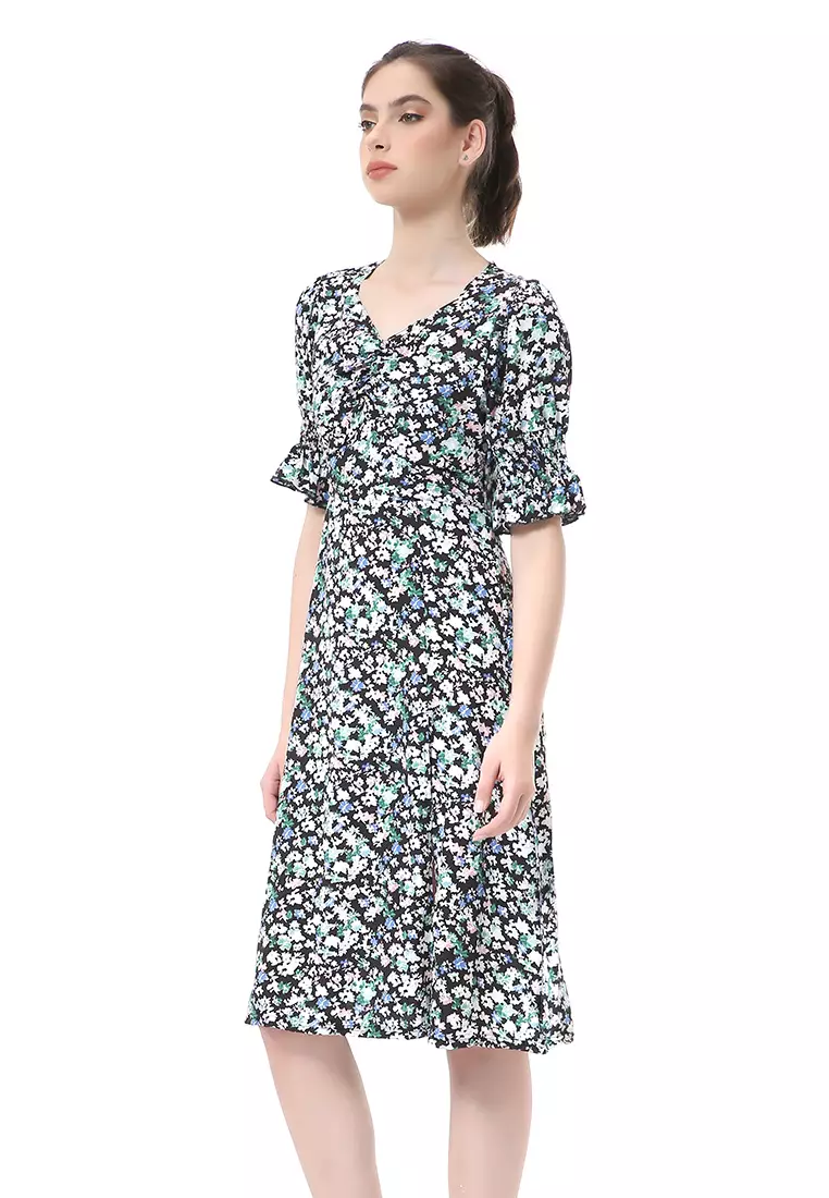 Rachel Long Dress Wanita Model Belah Samping Flower Motive Short Sleeve Material Cotton ORIGINAL - Multicolor