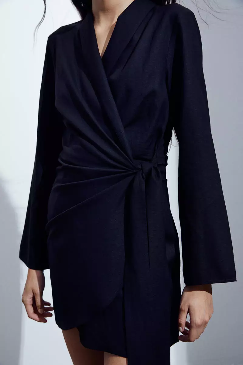 h&m linen wrap dress Women's Black Linen-blend wrap dress
