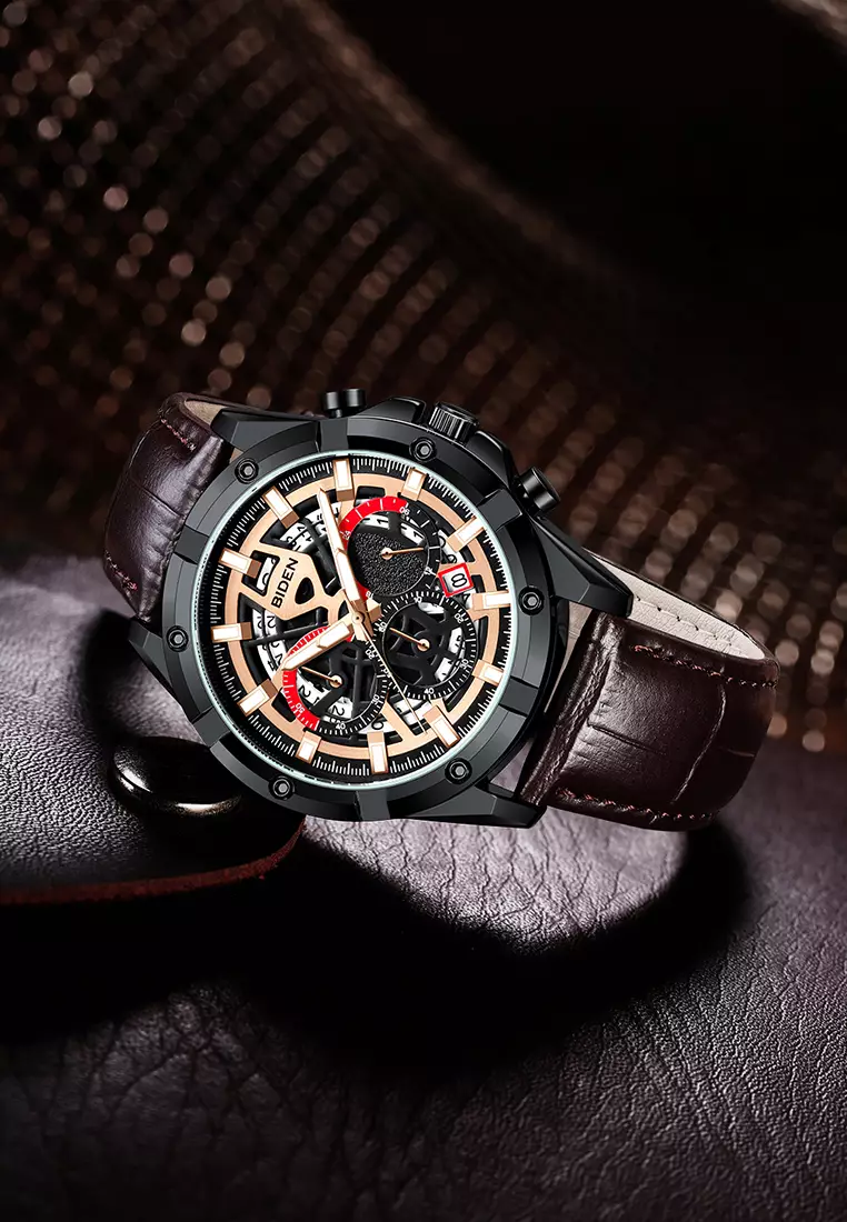 Jam Tangan Pria Original Kalender Sports Anti Air Tali Kulit Jam Tangan Cowok Brown black