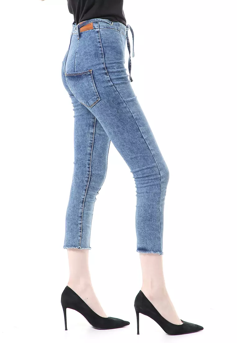 Anita Celana Jeans High Waist Bawahan Wanita Motif Polos Regular Fit - Snow Biru