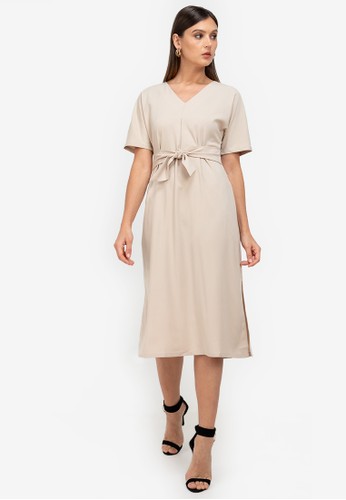 ZALORA WORK beige Self Tie Midi Dress 74FB9AABC60A4CGS_1