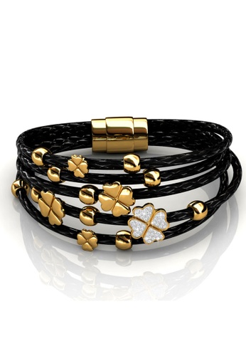 Her Jewellery black and gold Leather Clover Bracelet (Black) - Made with premium grade crystals from Austria HE210AC22FVXSG_1