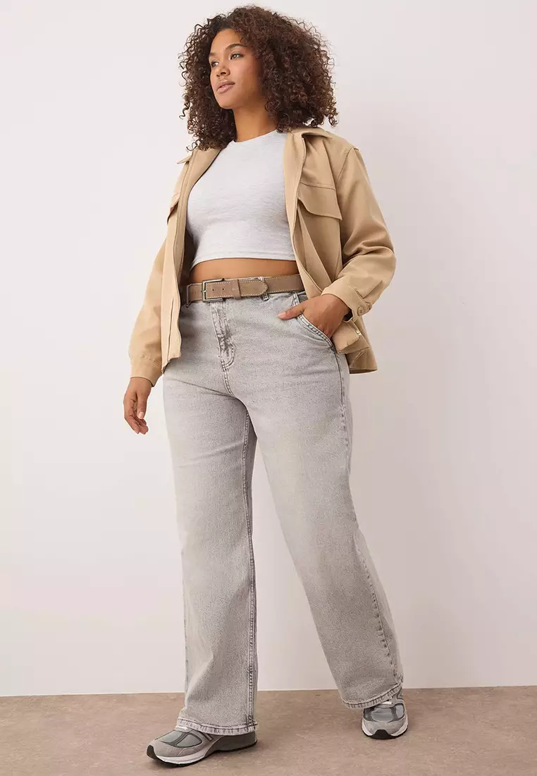 Gray High Waist Wide Leg Plus Size Jeans Tbbss24Cj00048