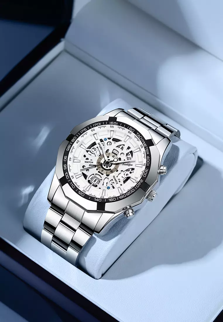 Jam Tangan Pria Original Calendar Luxury Bisnis Tali Stainless Steel Jam Tangan Cowok 9096 silver white