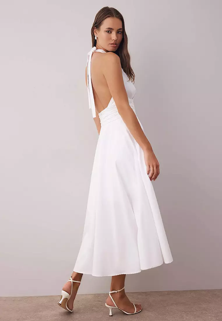 White Low-Cut Halter Neck Poplin Lined Woven Dress