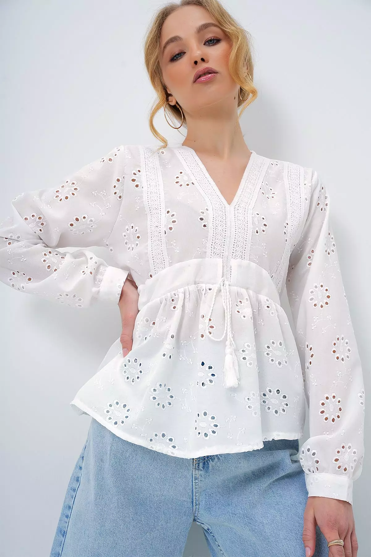 Women's White V Neck Tie Detailed Embroidered Weaving Blouse