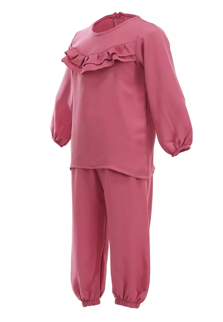 Jourell Setelan Anak Perempuan Lengan Panjang Kids One Set Motif Polos Material Cotton ORIGINAL - Peach