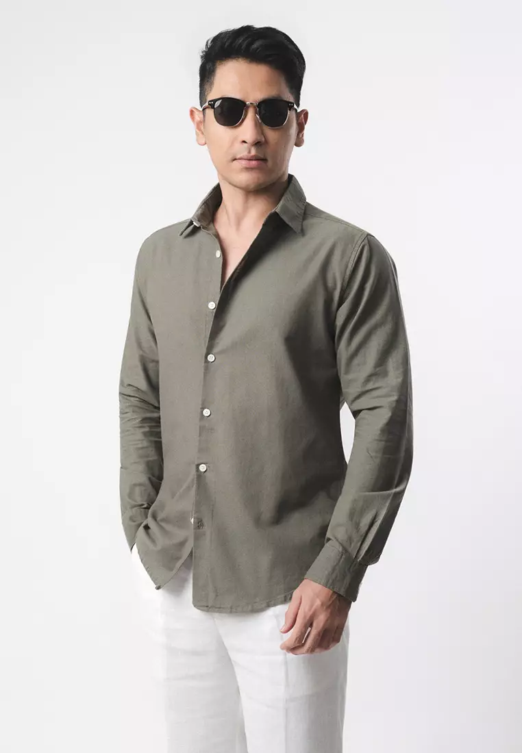 Linen Blend Slim Fit Shirt - Olive Green LS