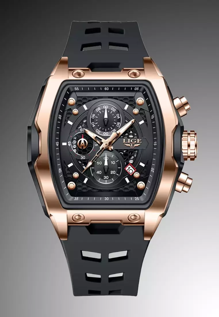 Unisex Chronograph Tonneau Shaped Plastic and Metal Alloy Quartz Watch, Rubber Strap