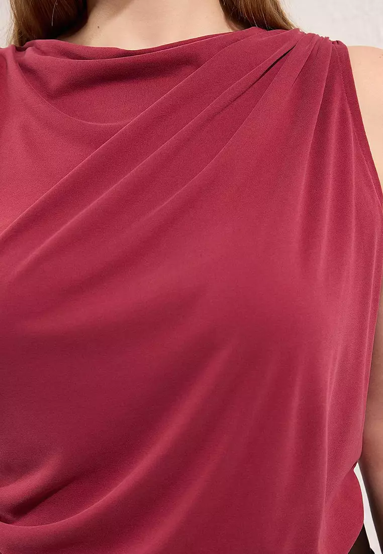 Burgundy More Sustainable Modal Content Drape Detailed Degaje Collar Knitted Large Size Blouse Tbbss25Af00114
