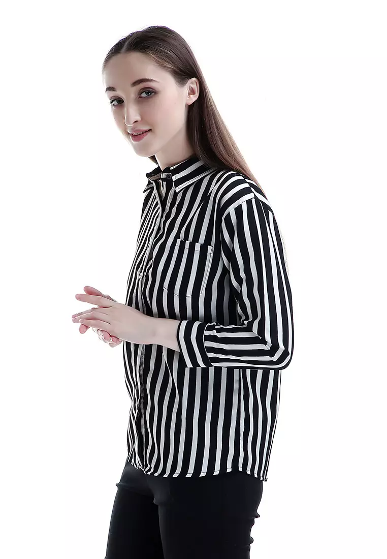 Carmel Long Shirt Motif Pattern Dual Tone Color Woman Design Chic - Hitam