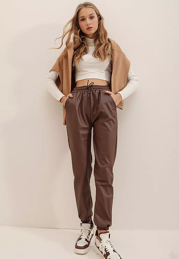 Tan faux best sale leather joggers