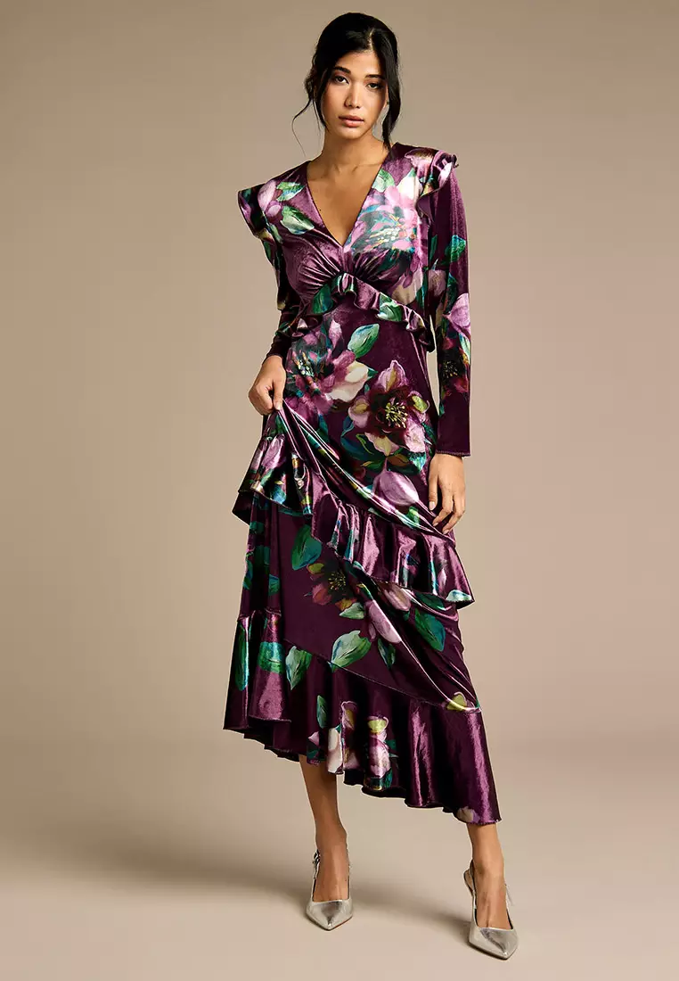 Odette Purple Floral Velvet Maxi Dress