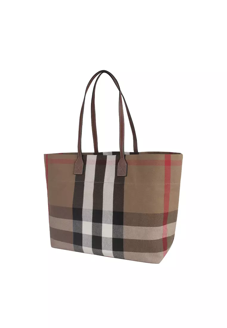 Buy Burberry London Tote Check Canvas Leather Bag in Taupe Brown