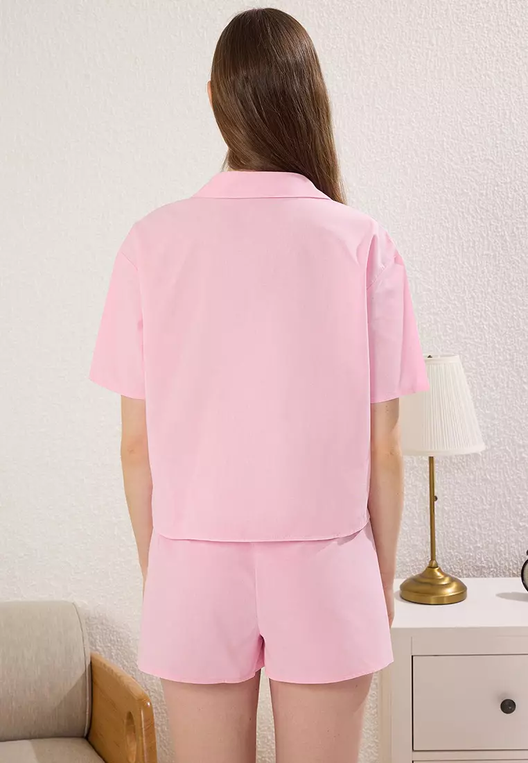 Pink 100% Cotton Self-Patterned Shorts Poplin Woven Pajama Set Thmss25Pt00257