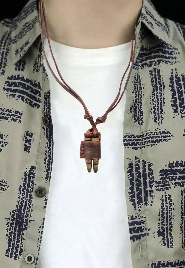 Double Bullet Leather Necklace Kalung Pria Brown