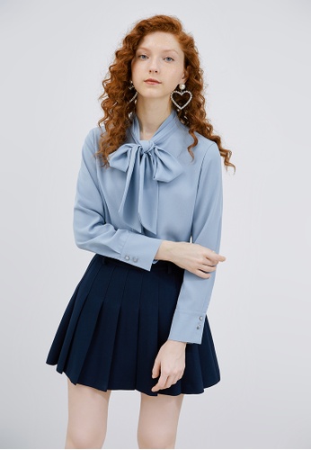 Hopeshow blue Ribbon Collar Concealed Button Blouse DC8C3AA9D05C83GS_1
