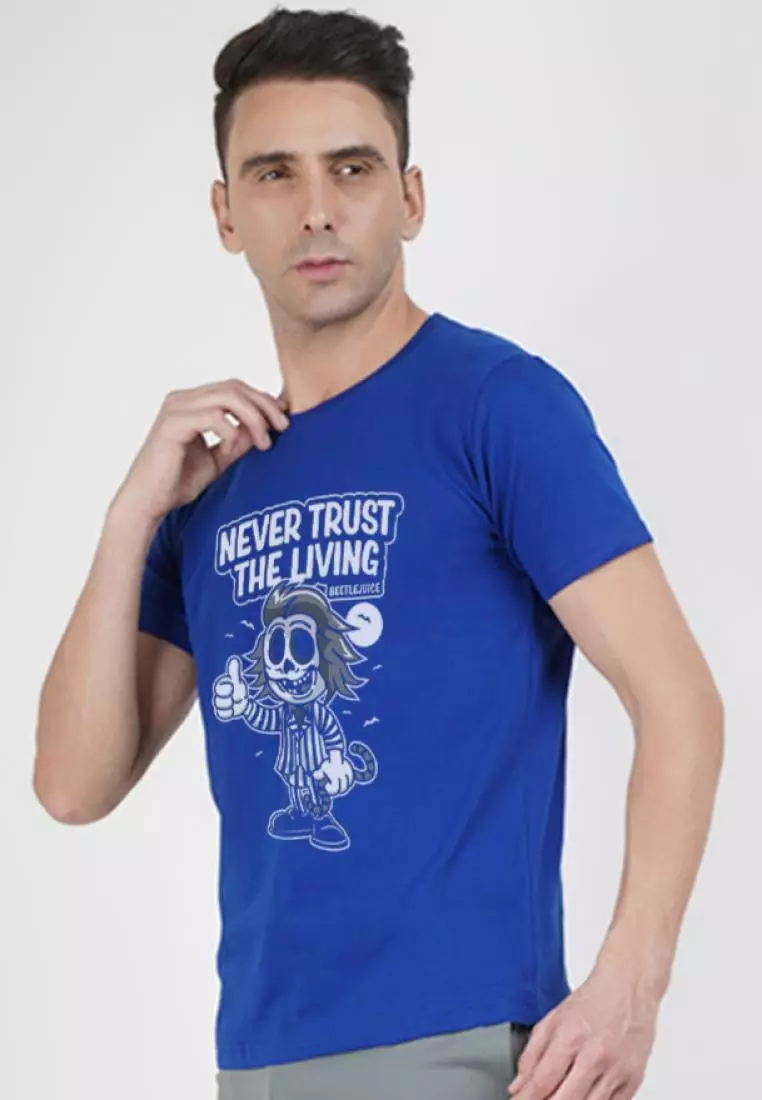 Never Trust 图案蓝色棉质短袖必备 T 恤