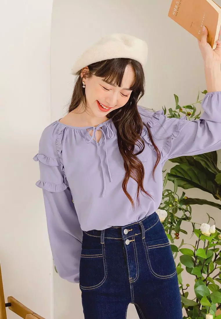 Sweet Bow Tie Ruffle Trim Long Puff Sleeve Top [AB17751]