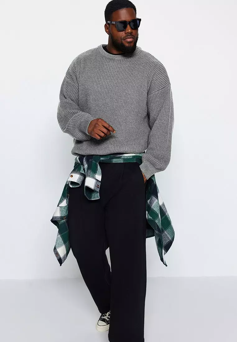Men's Oversize Gray Knitwear Sweater - Crew Neck, Plus Size Tmnaw24An00001
