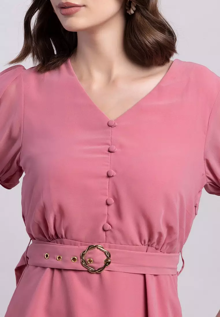 Pink Short Sleeve Maxi Dress With Tie Up Belt